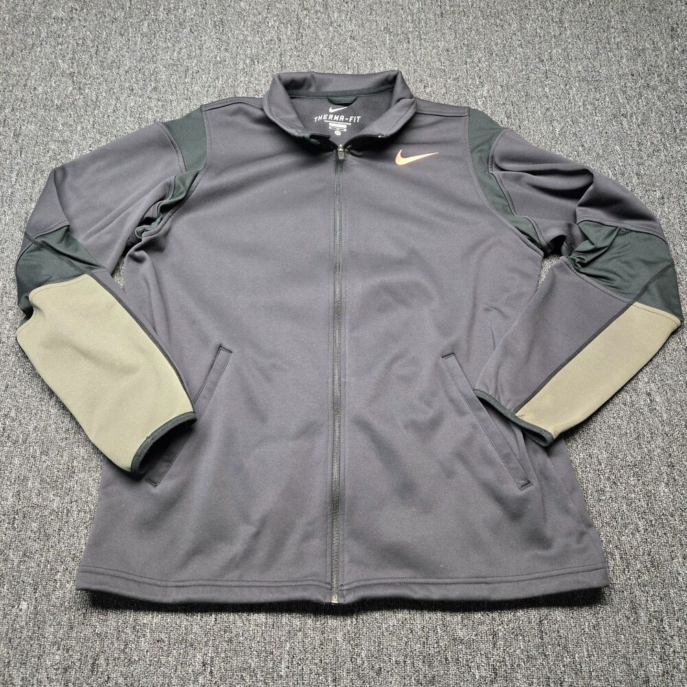 Nike Therma Fit Jacket Mens XL Black Olive Green Full Zip Athletic Tennis Track